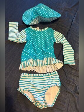 Toddler 3t Teal Polka Dot & Stripe Swim Set with Sun Hat